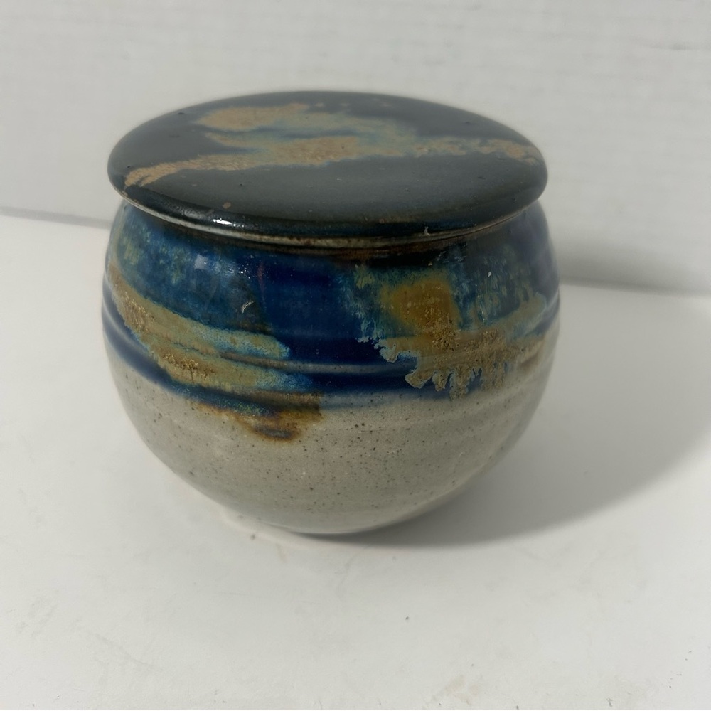 VTG Art Pottery Ceramic Butter Bell Abstract Blue and Tan Signed by Artist